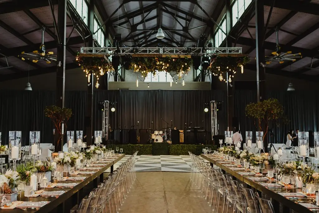 reception setup in shed 5 at an eastern market wedding