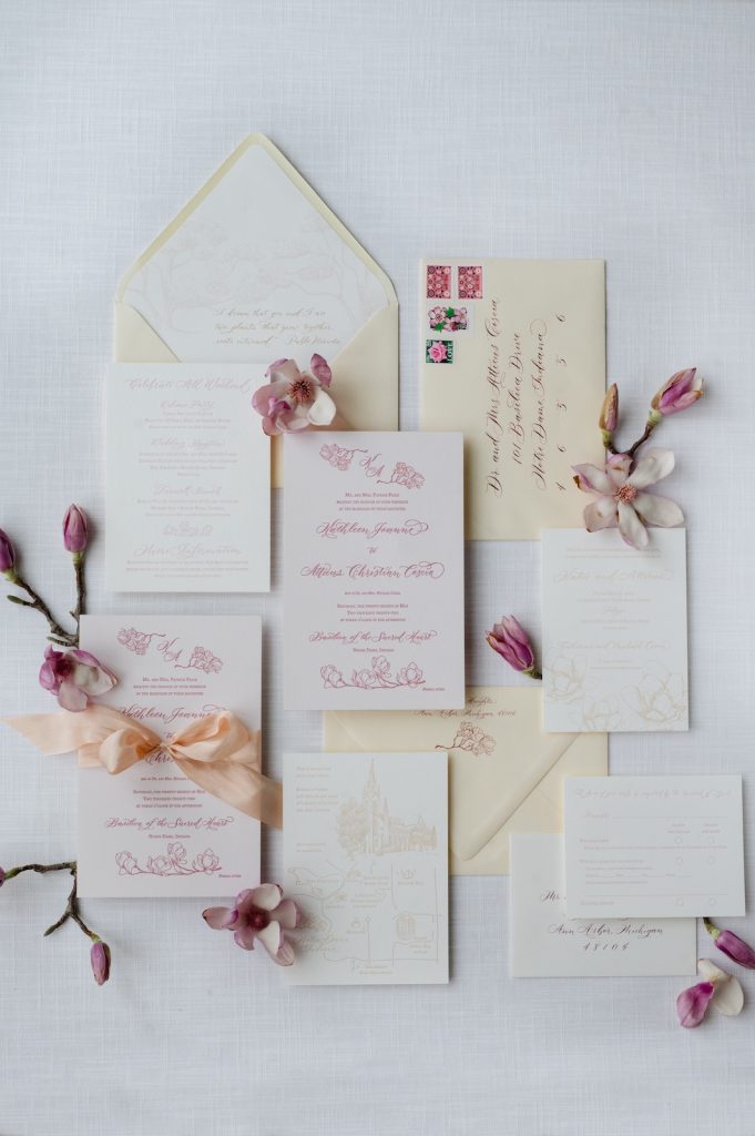 invitations for a wedding at Notre Dame, created by Leah E. Moss Designs