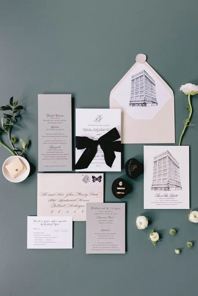 Sage green and taupe wedding invitation - Shinola Hotel wedding