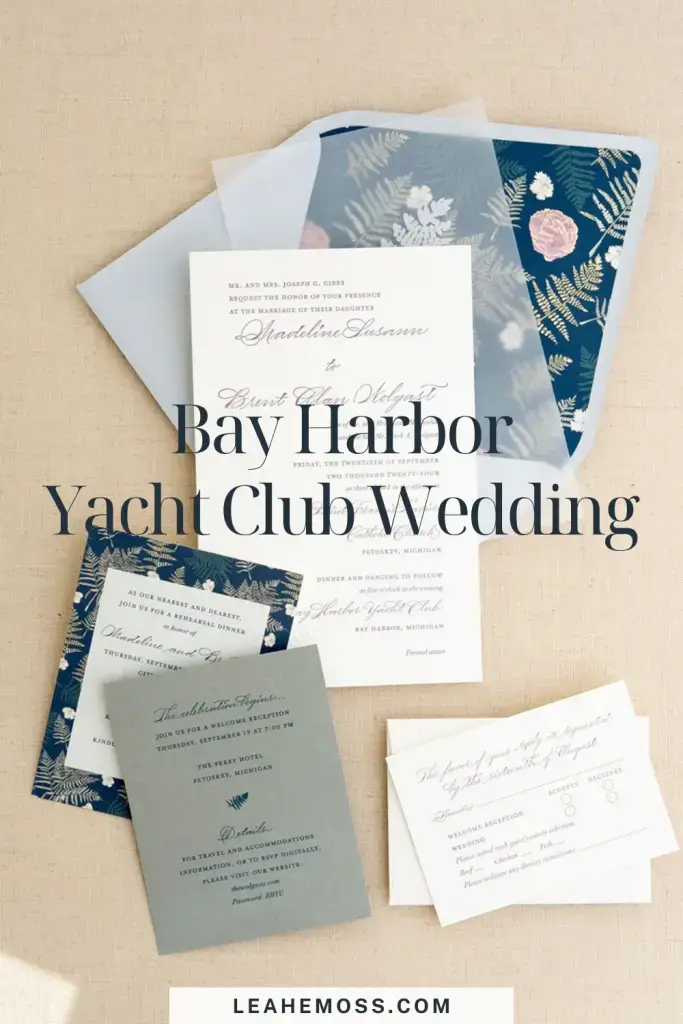 Invitations for a Bay Harbor Yacht Club wedding, created by Leah E. Moss Designs