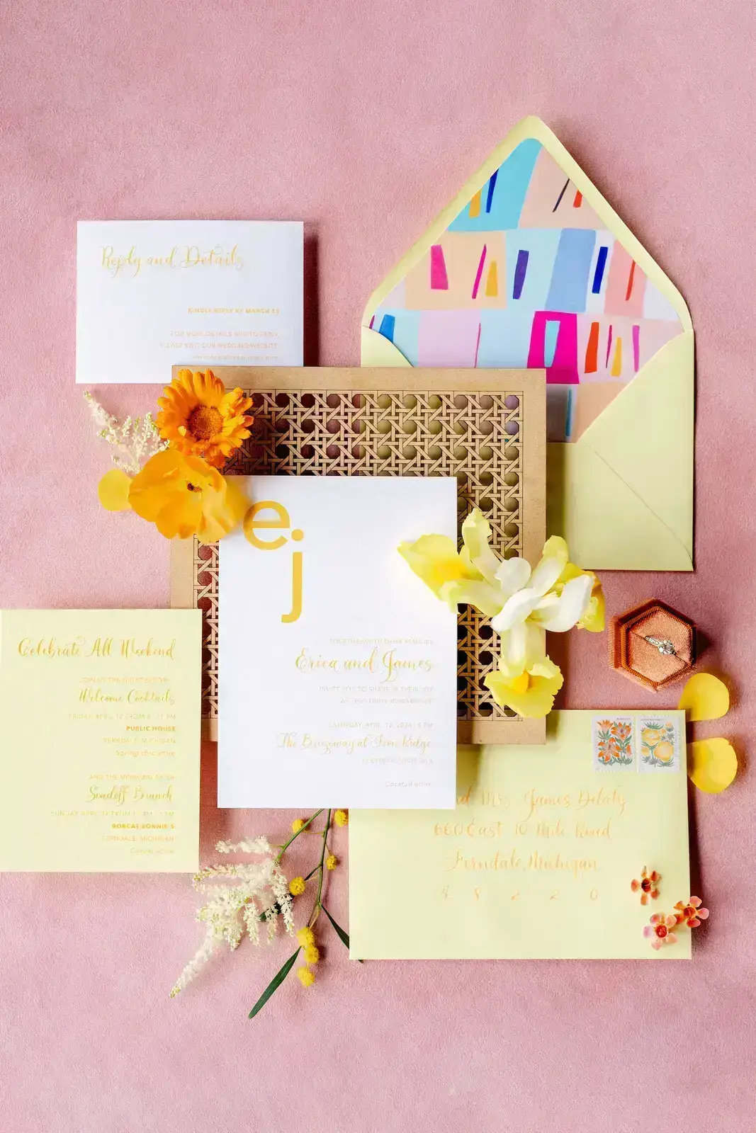 unique wedding invitation with rattan detail