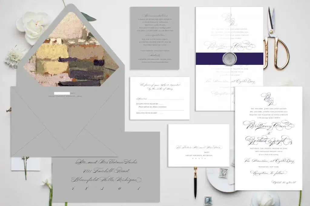 purple and grey invitation mockup for a Mansion at Oyster Bay wedding - from Leah E. Moss Designs