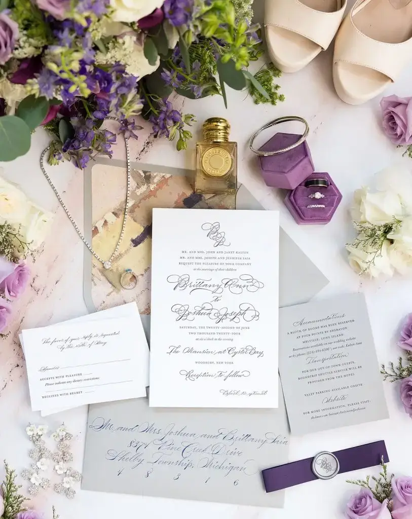 purple and grey letterpress wedding invitation for a Mansion at Oyster Bay wedding - from Leah E. Moss Designs