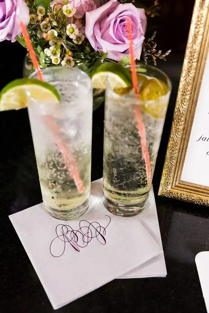 custom cocktail napkins at a Mansion at Oyster Bay wedding - from Leah E. Moss Designs