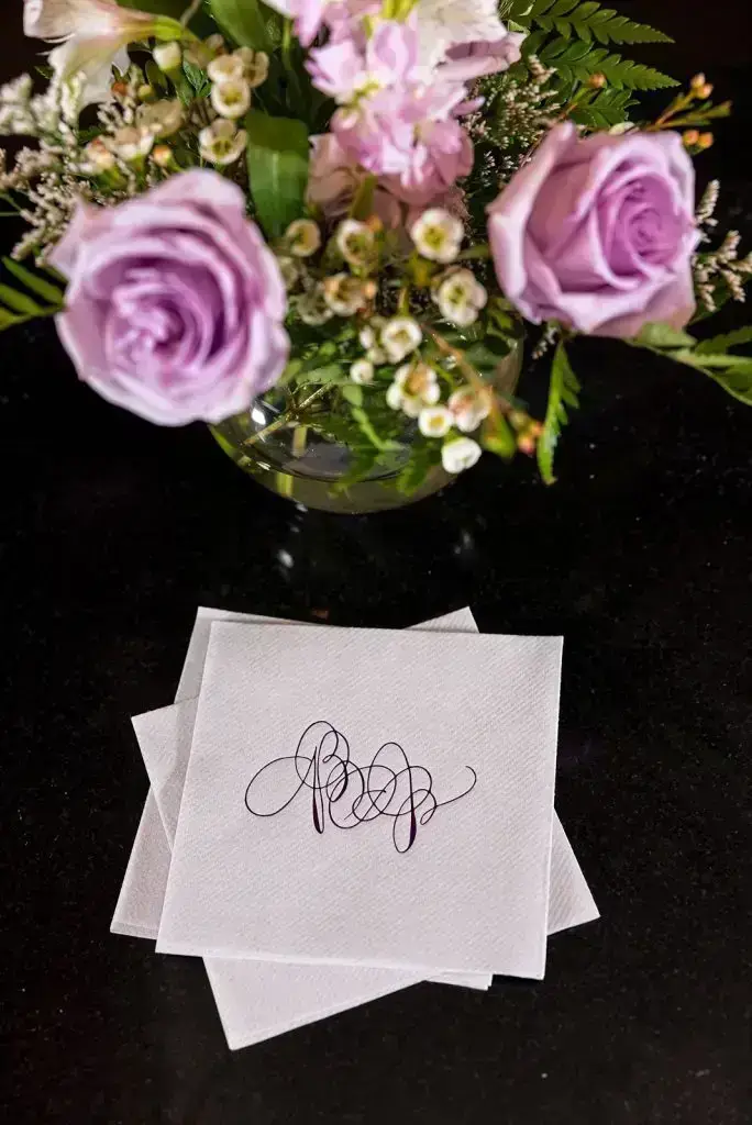 custom purple monogrammed cocktail napkins - Leah E. Moss Designs