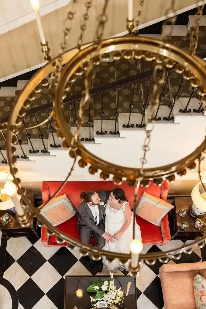 bride and groom hallway portrait at their Mansion at Oyster Bay wedding - from Leah E. Moss Designs