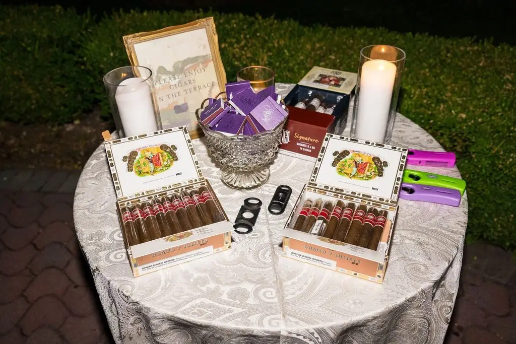 cigar bar on the terrace at Mansion at Oyster Bay wedding - from Leah E. Moss Designs