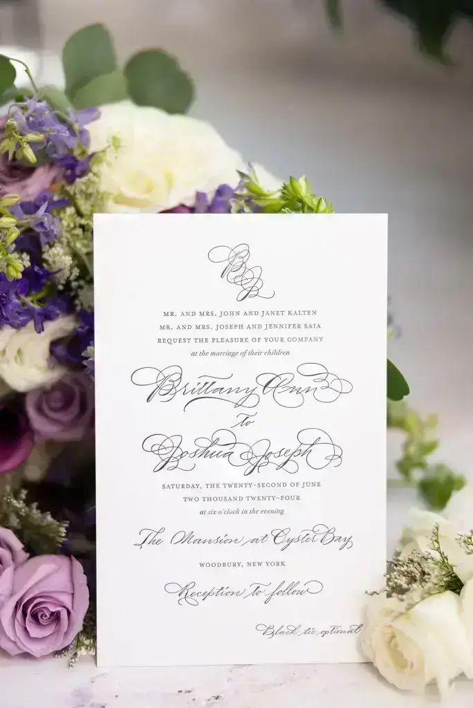 two color letterpress purple and grey invitation for a Mansion at Oyster Bay wedding - from Leah E. Moss Designs