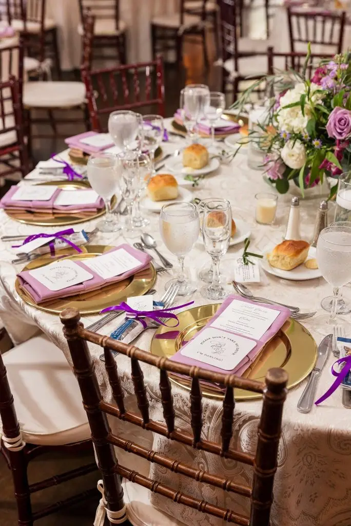purple tabletop decor at a Mansion at Oyster Bay wedding - from Leah E. Moss Designs