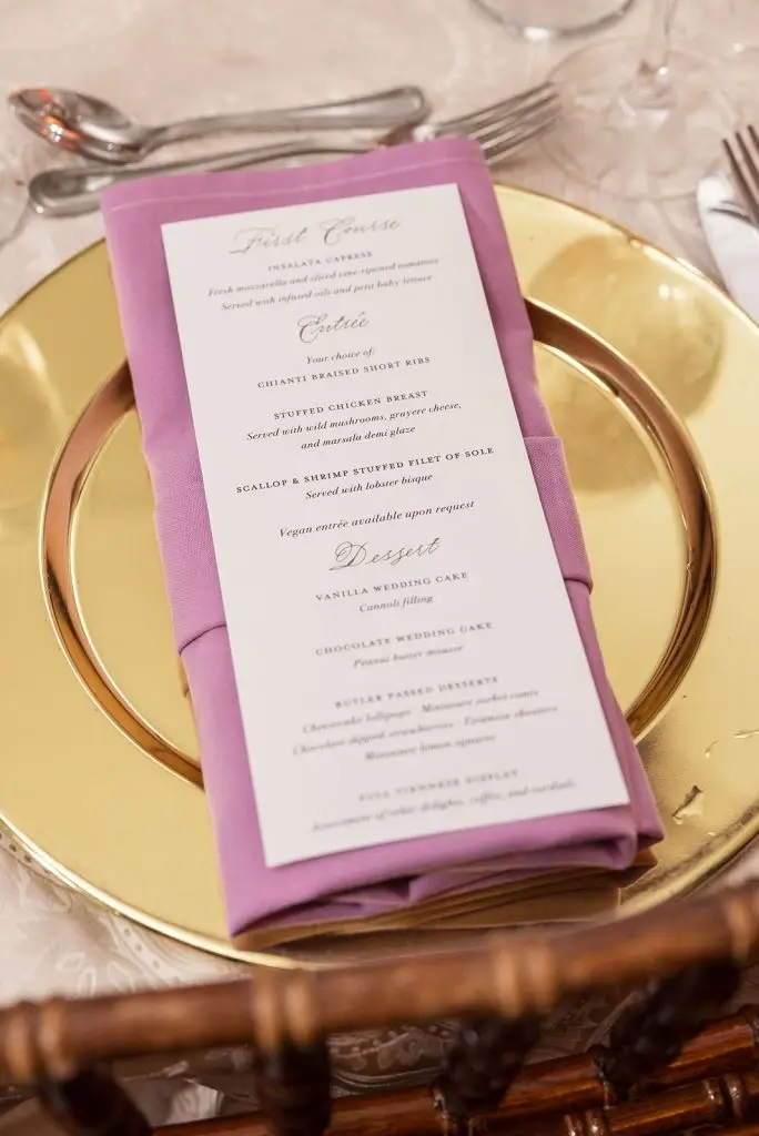menu for a Mansion at Oyster Bay wedding - from Leah E. Moss Designs