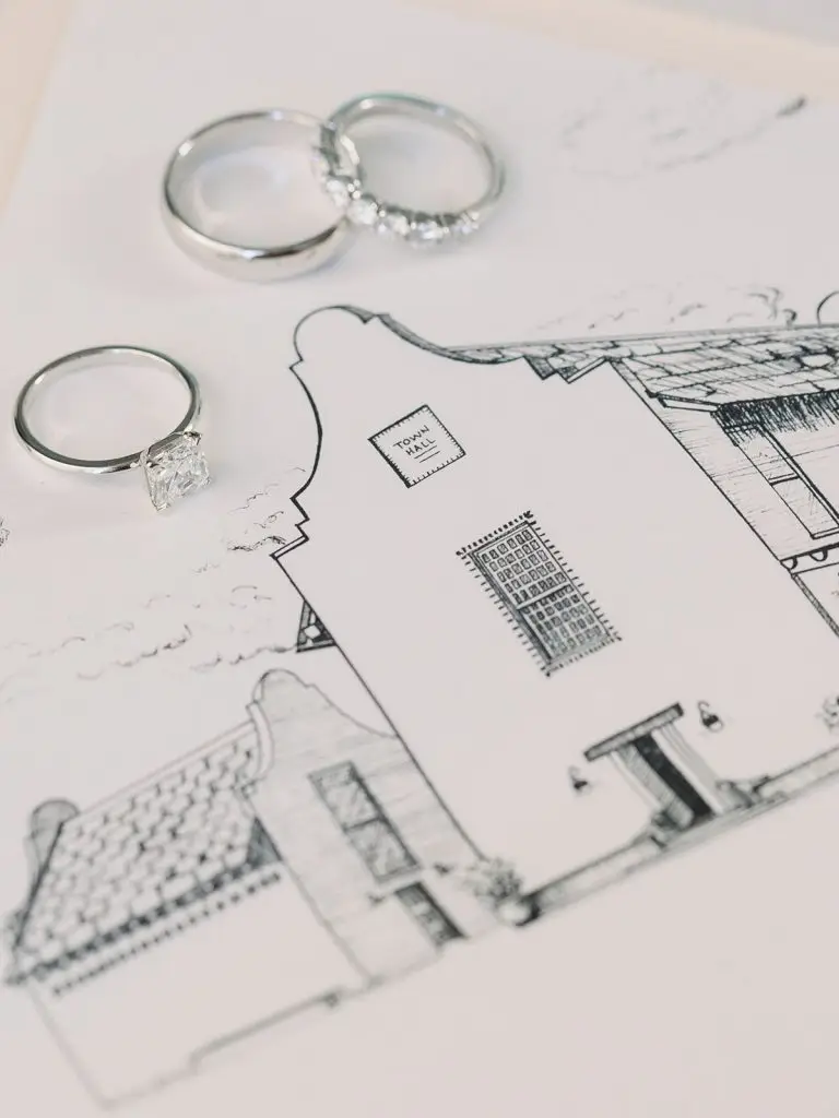 Custom illustration of Rosemary Beach Town Hall for a Rosemary Beach wedding