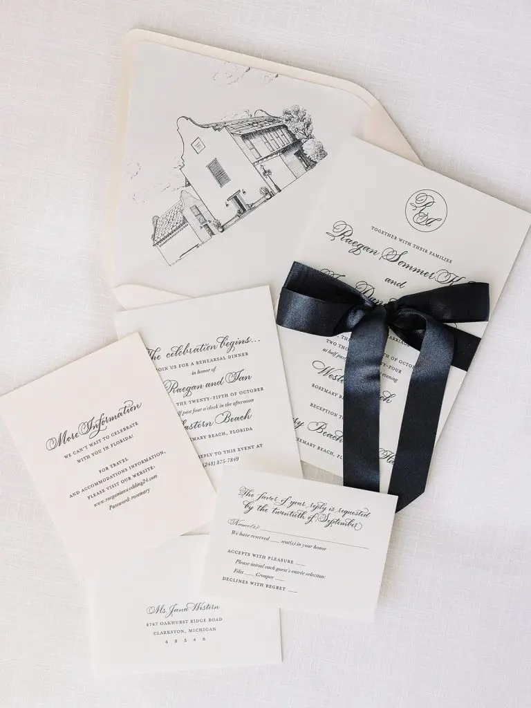 Black satin ribbon with invitation for a Rosemary Beach wedding