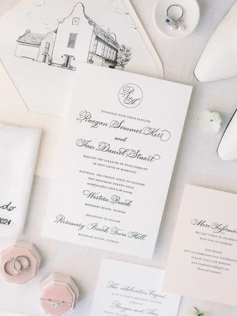 Black letterpress invitation with blush accents for a Rosemary Beach wedding