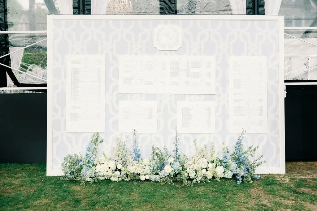 custom seating chart display wall as part of the day of wedding stationery