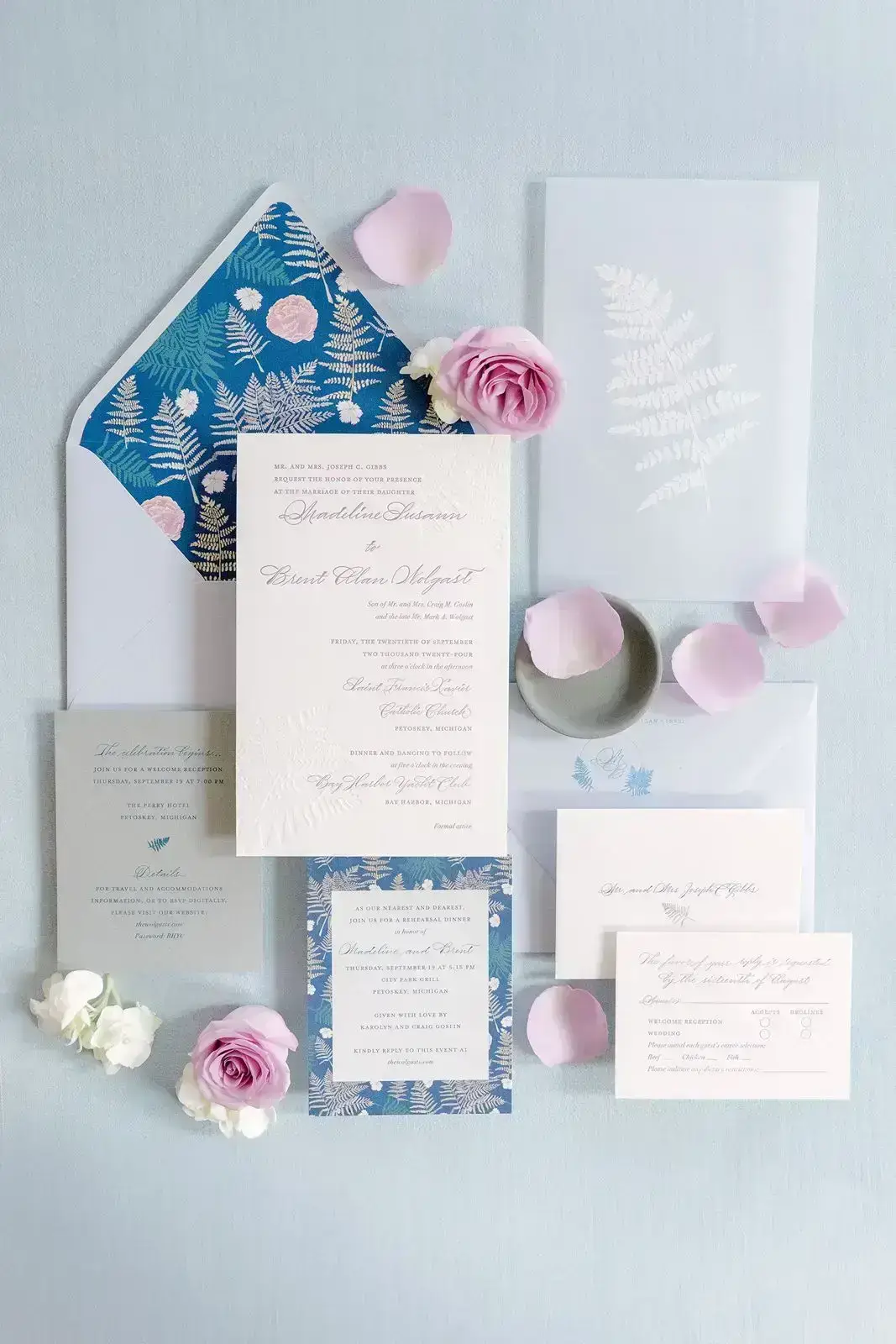 blue and purple ferns luxury wedding invitations