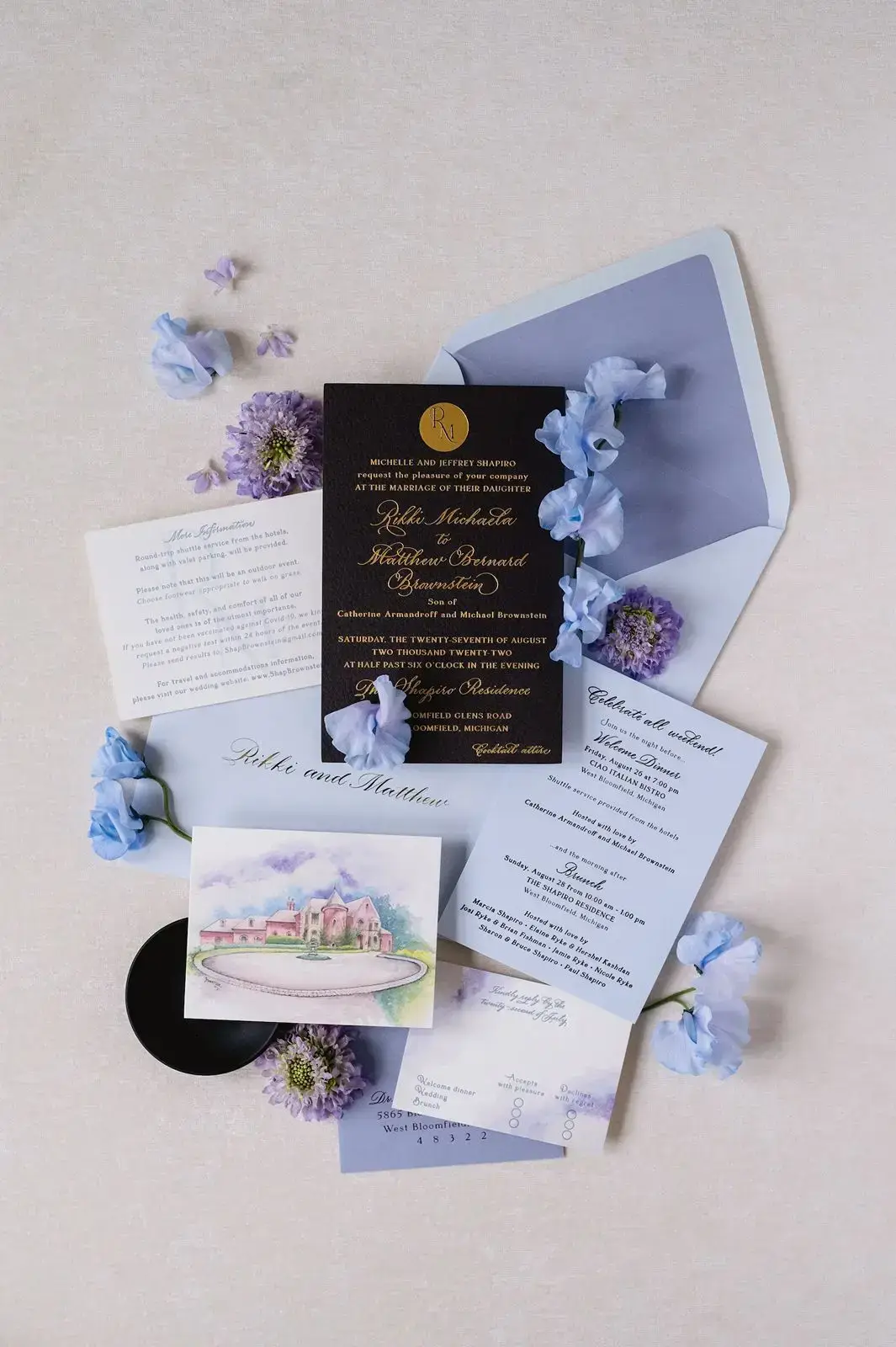 periwinkle luxury wedding invitations with leather and gold foil stamping