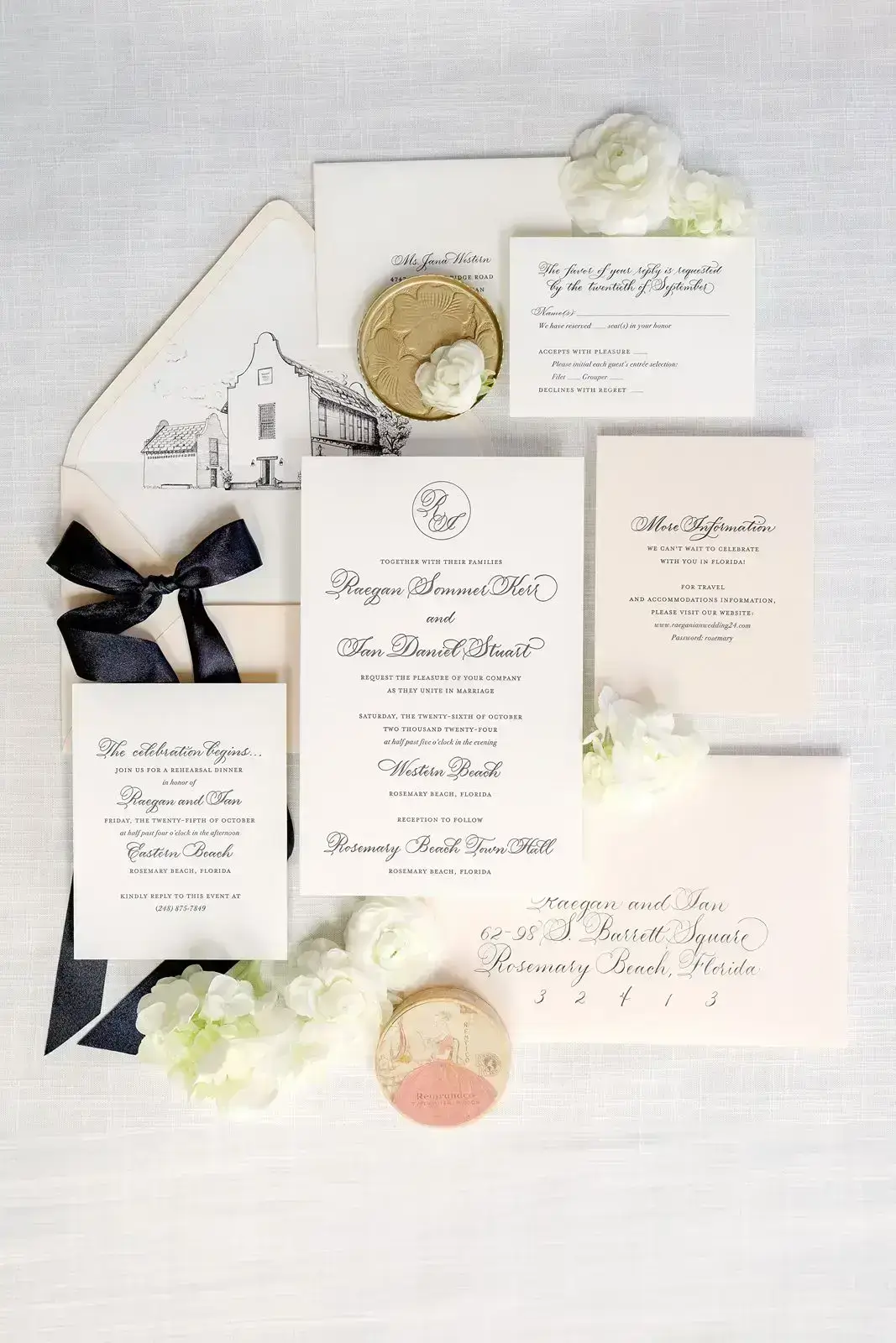 black, white, and blush luxury wedding invitations