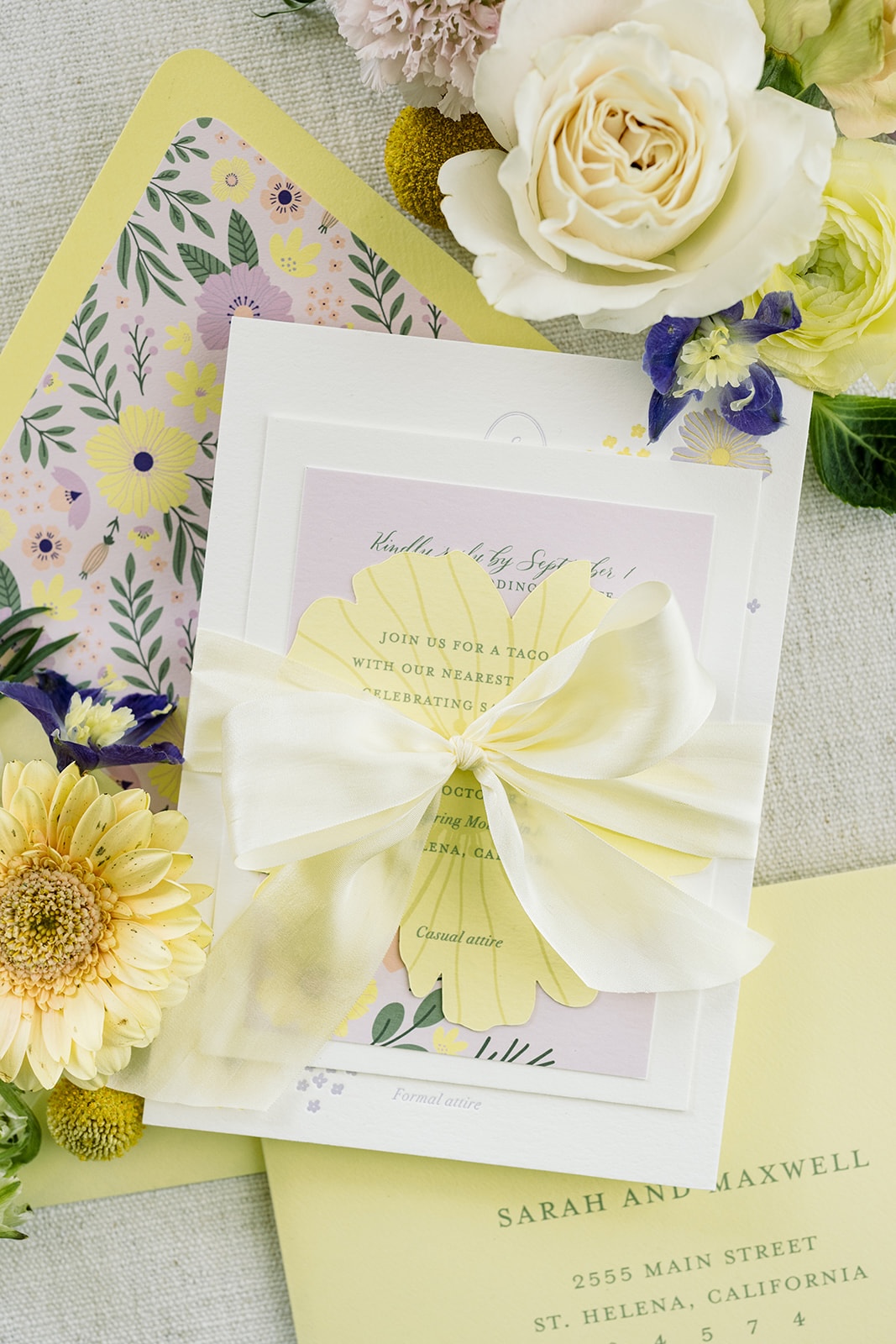 yellow detroit wedding invitations with die cut flower and ribbon