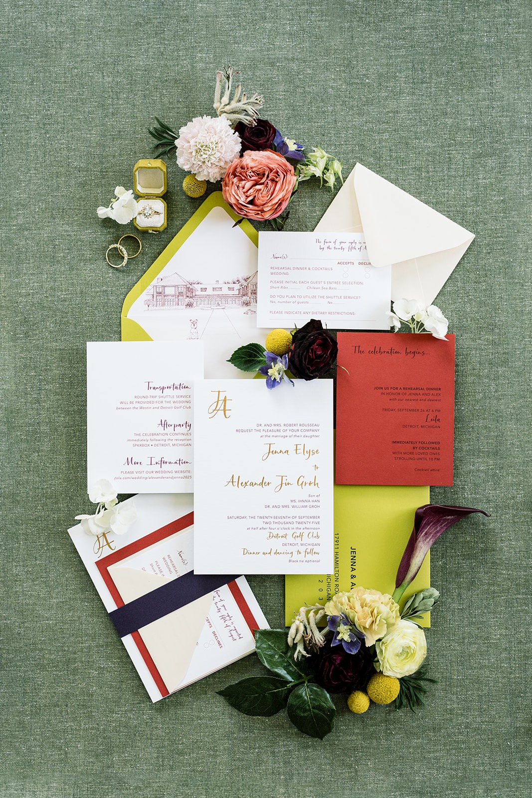 chartreuse luxury wedding invitations with custom illustration