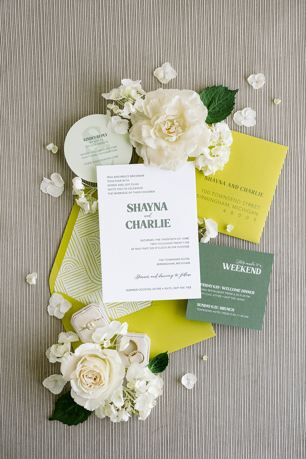 wedding invitation with chartreuse envelope