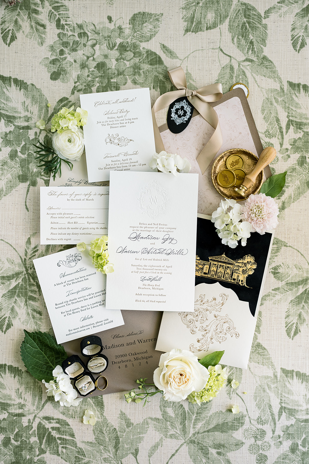 luxury wedding invitations with velvet foil stamped backer and embossed monogram