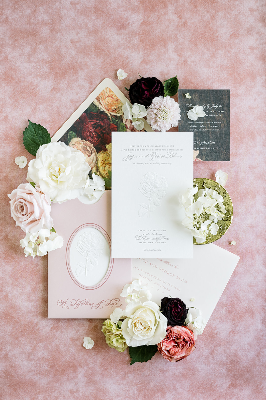 unique wedding invitation with custom pocket and rose motif